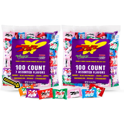 ZOTZ Fizzy Sour Candy Bulk - Retro Italian Hard Candy Individually Wrapped - Classic Nostalgic 7 Assorted Flavors Cherry, Watermelon, Blue Raspberry, Apple, Orange & Grape - 200 Pieces Bag for Party Favors, Goodie Bags, Piñata & Candy Buffet