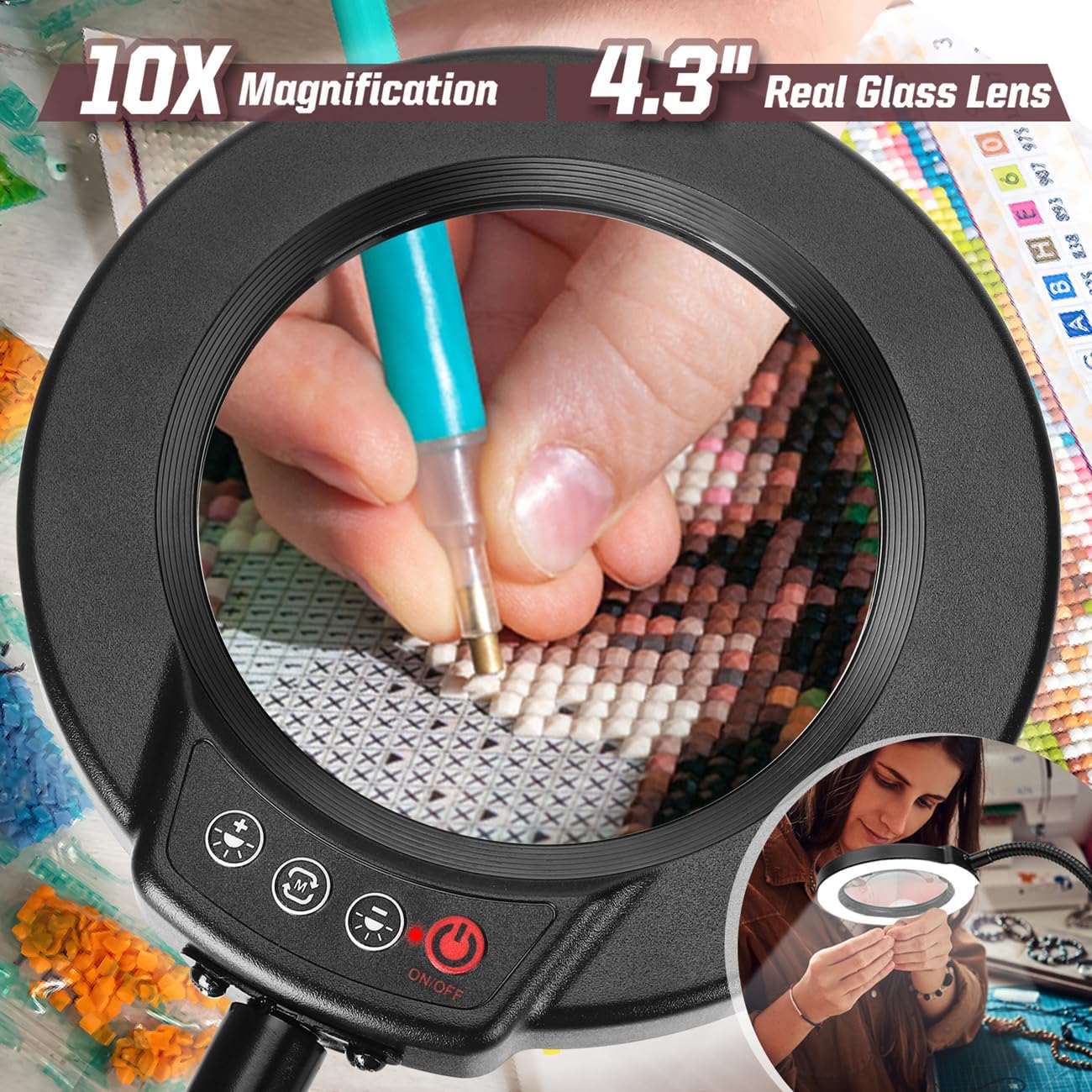 10X Magnifying Glass with Light and Phone Holder, 5 Color Modes Stepless Dimmable LED Lighted Desk Lamp with Stand, Hands Free Magnifier with Flexible Goose-Neck for Craft Hobby Painting, Black