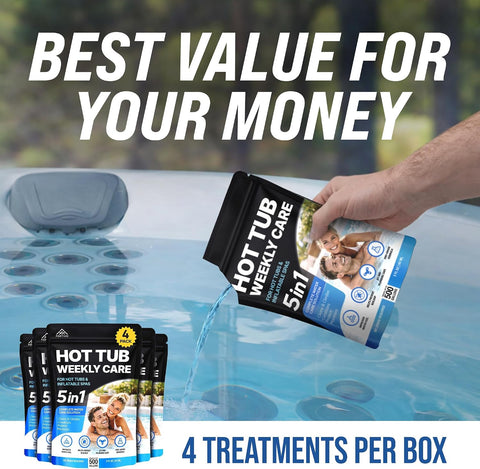 5-in-1 Hot Tub Weekly Care - Water Clarifier and Conditioner for Sparkling Soft Spa Water, Safe on Hot Tub Surfaces and Components, for Acrylic, Inflatable, Portable, Hard Shell Spas - 4 Pouches