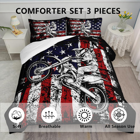 Axolotl Dirt Bike Comforter Set Twin, American Flag Bedding Set, Motocross Comforter,White Red Stripes Stars Bedding, Motorcycle Racer Quilt for Boys Kids Teens Men, 1 Dirt Bike Quilt 2 Pillowcases
