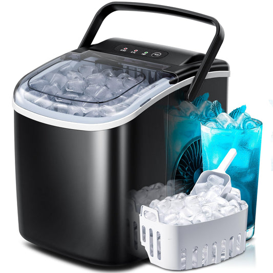 Countertop Ice Maker Machine, Portable, with Handle, 27lbs/24Hrs, 6Mins/9 Pcs ice Cubes, Countertop, Self-Cleaning with Ice Basket/Scoop, for Home/Kitchen/Office(Black)