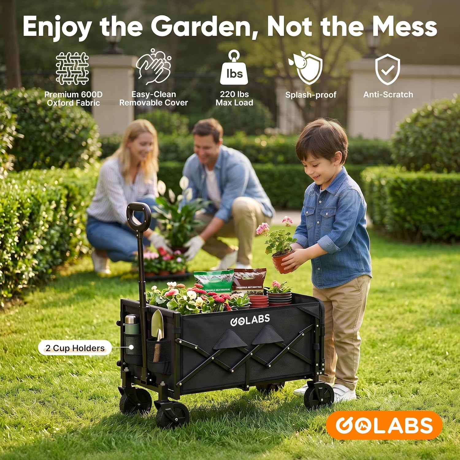 Golabs WA1 Collapsible Folding Wagon Cart, Max 220lb Load, Expands to 100L