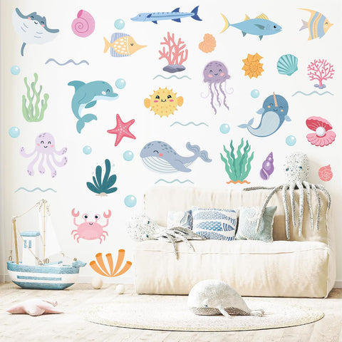 Ocean Animals Wall Decals - 5 Sheets 58 Pcs Under the Sea Theme Wall Decor Peel and Stick Ocean Wall Stickers for Home Kids Room Nursery Décor