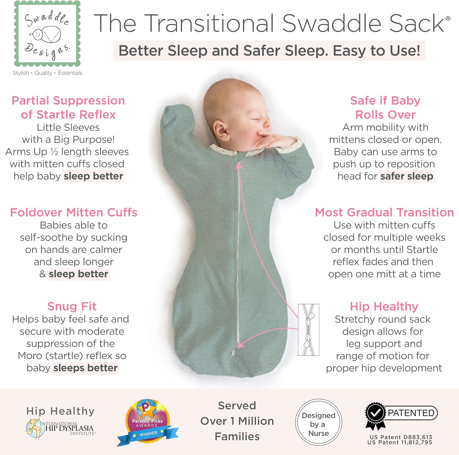 SwaddleDesigns Transitional Swaddle Sack, Cotton, Heathered Jadeite, 3-6mo