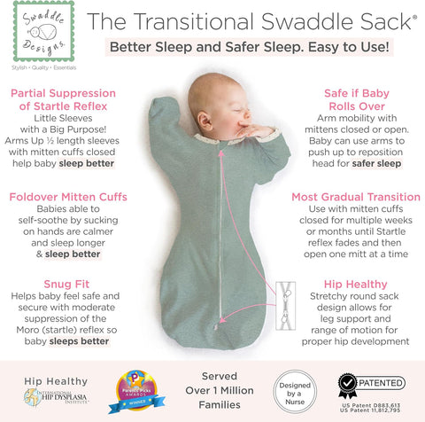 SwaddleDesigns Transitional Swaddle Sack, Cotton, Heathered Jadeite, 3-6mo
