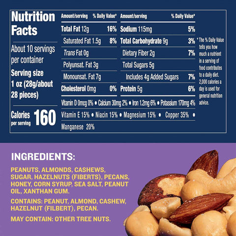 PLANTERS Honey Roasted Mixed Nuts, Plant Based Protein, 10 Oz (6 Ct)