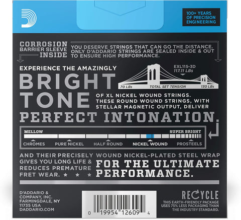 D'Addario XL Nickel EXL115-3D Electric Guitar Strings, 11-49, 3 Sets