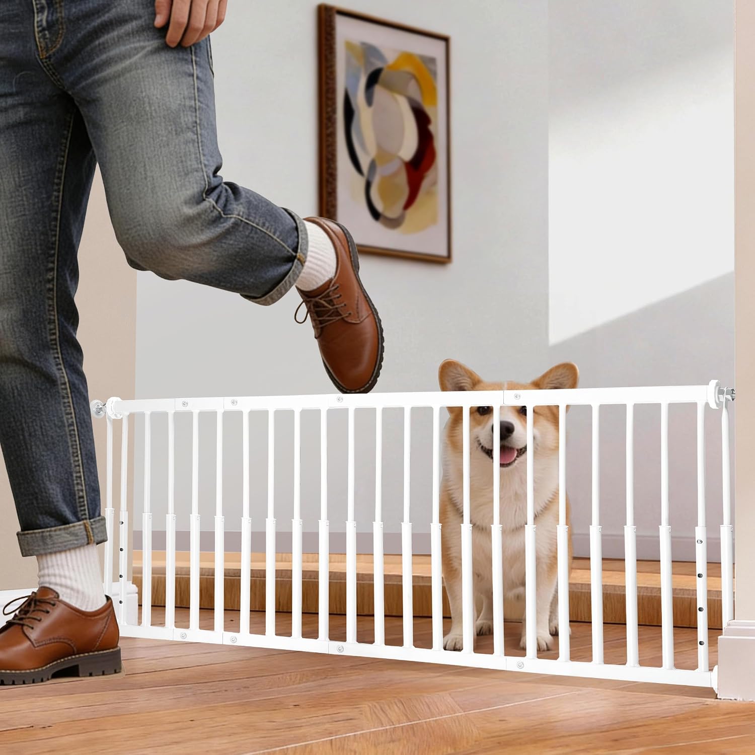 14''-19.5'' Height Adjustable Dog Gate, Extra Wide 18.1"-46" All Metal Short Dog Gate to Step Over, Pressure Mount Small Pet Puppy Gate for Stairs & Doorways(White)
