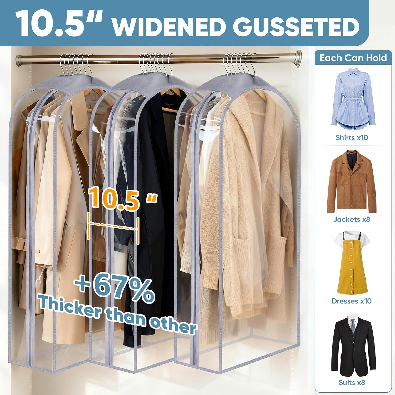 BALEINE 3PK Clear Garment Bags for Hanging Clothes, 48" Dress Suit Bag