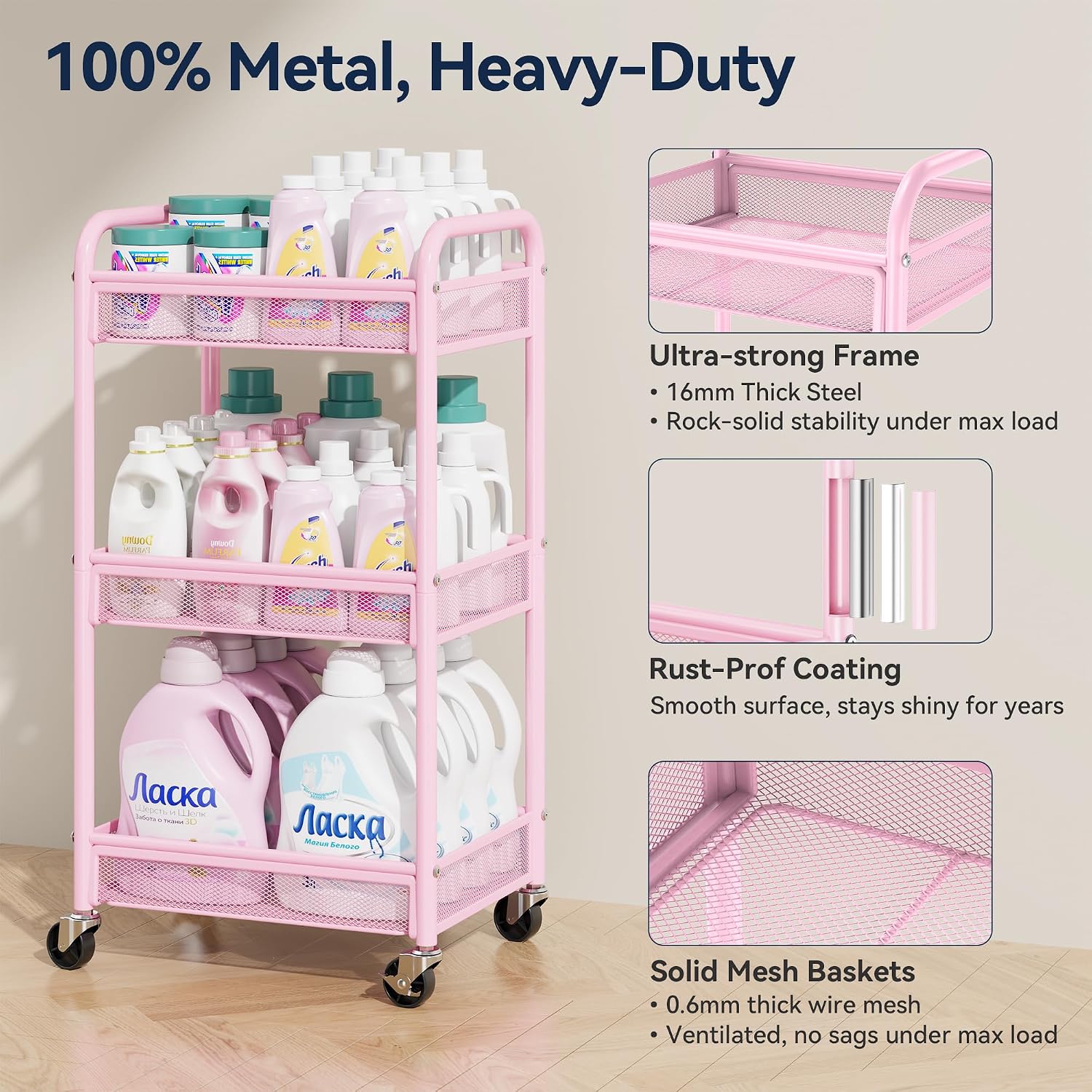 YASONIC 3 Tier Metal Rolling Cart, Pink Utility Storage Cart with Wheels