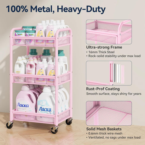 YASONIC 3 Tier Metal Rolling Cart, Pink Utility Storage Cart with Wheels
