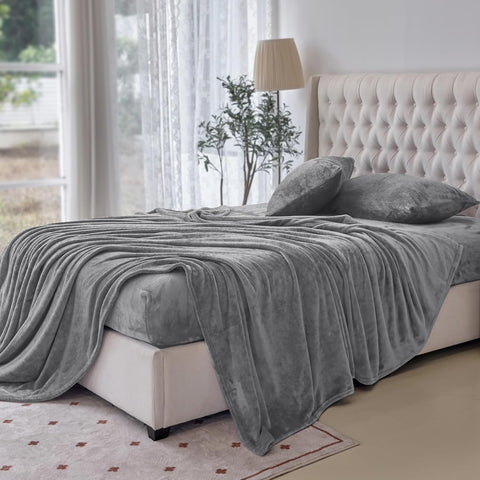 Elegant Comfort Luxuriously Soft 4-Piece Velvet Plush Flannel Sheet Set - Premium Quality - Cozy Warm, Anti-Static, Non Pilling Fuzzy Velvet Flannel Fleece Deep Pocket Sheet Set - King, Gray