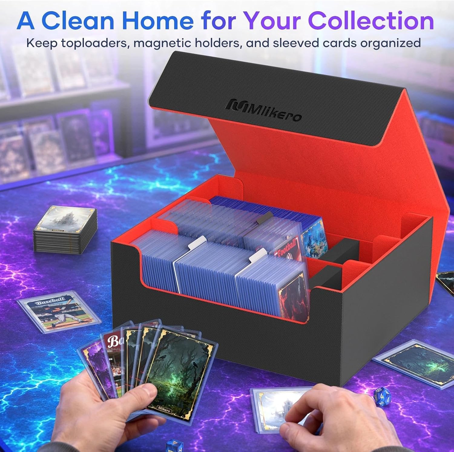 Mlikero Card Deck Case for Trading Cards 1800+, Trading Card Storage Box Fits Toploader and Magnetic Card Holder, Leather Magnetic Closure Deck Box Fit for MTG, TCG (Red)