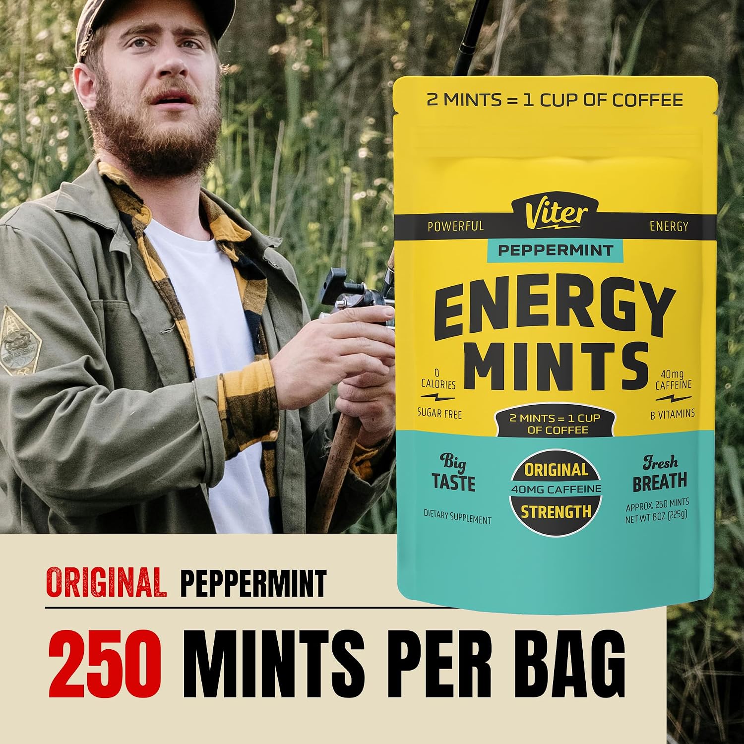 Viter Energy Caffeine Mints 40mg, Sugar Free, Peppermint, 8oz Bulk Bag