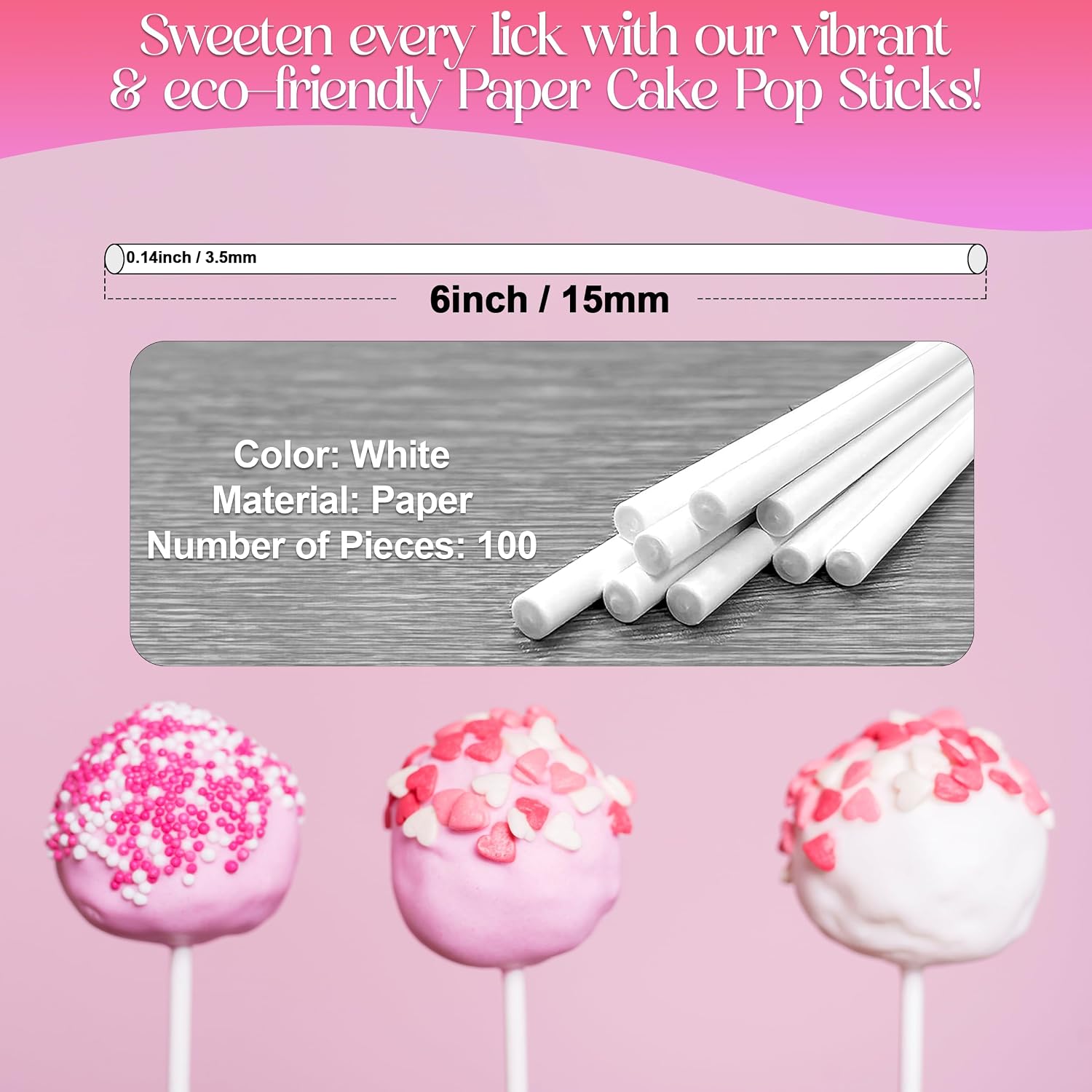 Premium 100 Pack 6 Inch White Paper Lollipop Sticks - Perfect for Cake Pop Sticks, Cookies, Chocolate Cake Toppers | Versatile Baking & Crafting Accessory