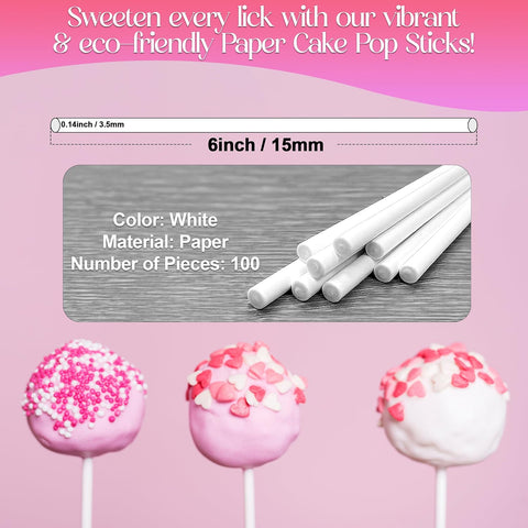 Premium 100 Pack 6 Inch White Paper Lollipop Sticks - Perfect for Cake Pop Sticks, Cookies, Chocolate Cake Toppers | Versatile Baking & Crafting Accessory