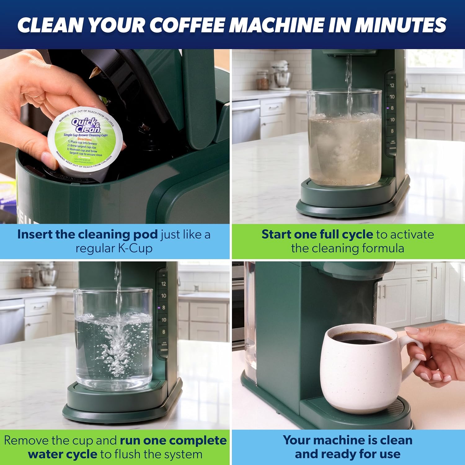 Quick & Clean [6-Pack] Keurig Cleaning Pods - K Cup Cleaner Pod For Keurig - 2.0 Coffee Machine Compatible, Removes Stains, Non-Toxic and Eco-Friendly