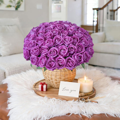 50 PCS Fuchsia Roses Artificial Flowers, Fake Roses with Stem Realistic Silk Roses for DIY Wedding Bouquets Table Centerpieces Arrangements Baby Shower Birthday Home Decor Valentine's Day Gift for Her