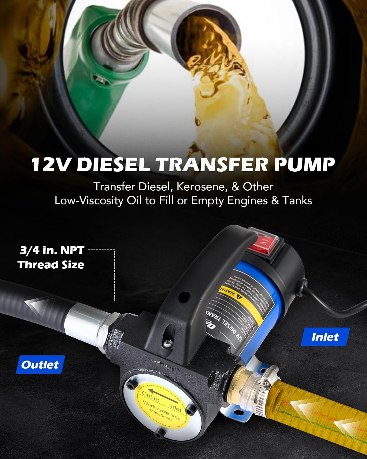 OMT Diesel Transfer Pump, 12V Fuel Transfer Pump with Nozzle Hoses