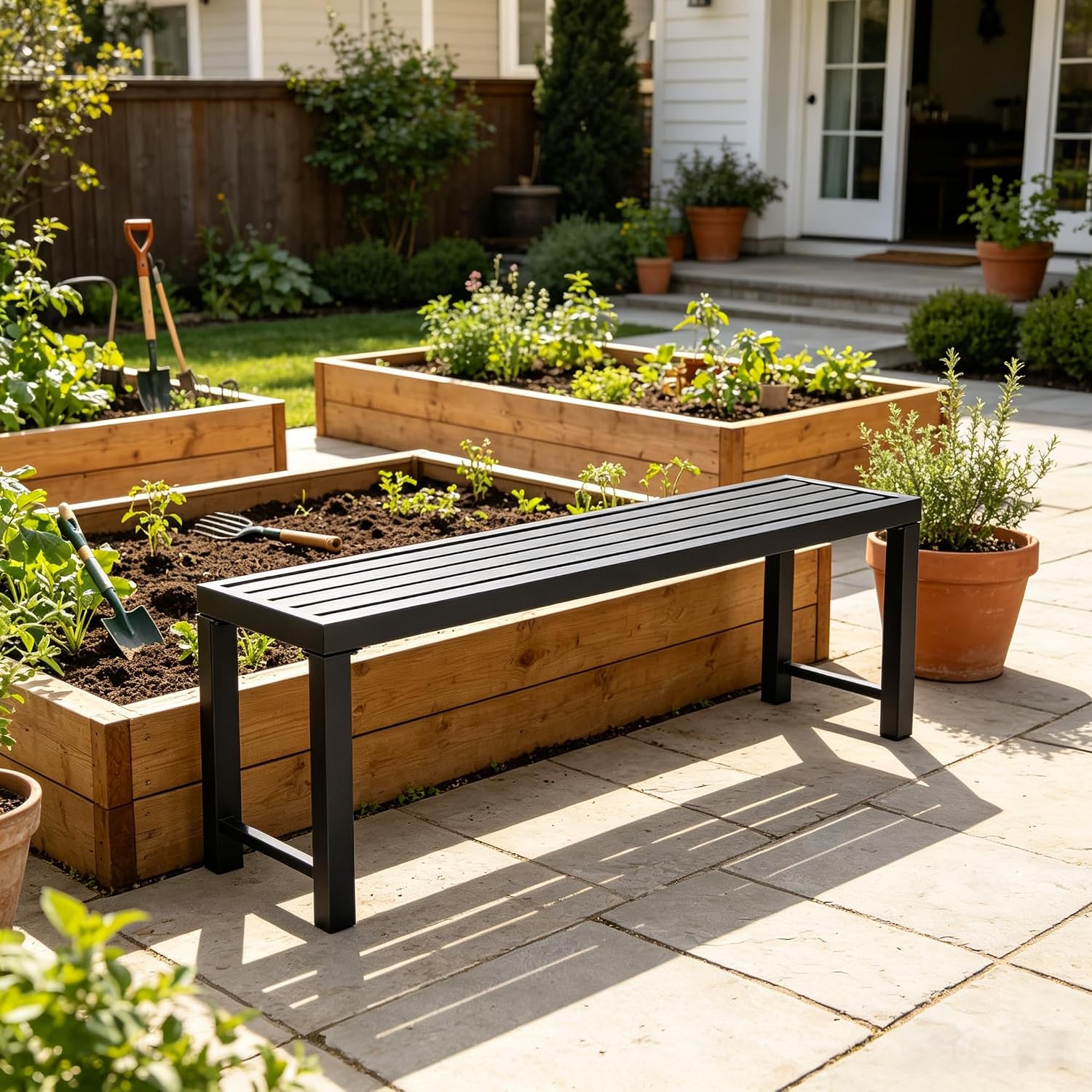 Black Outdoor Bench, Outdoor Metal Backless Bench, 46" Patio Garden Bench for Outdoor, All Wheather Outdoor Bench for Garden, Backyard, Porch, Black