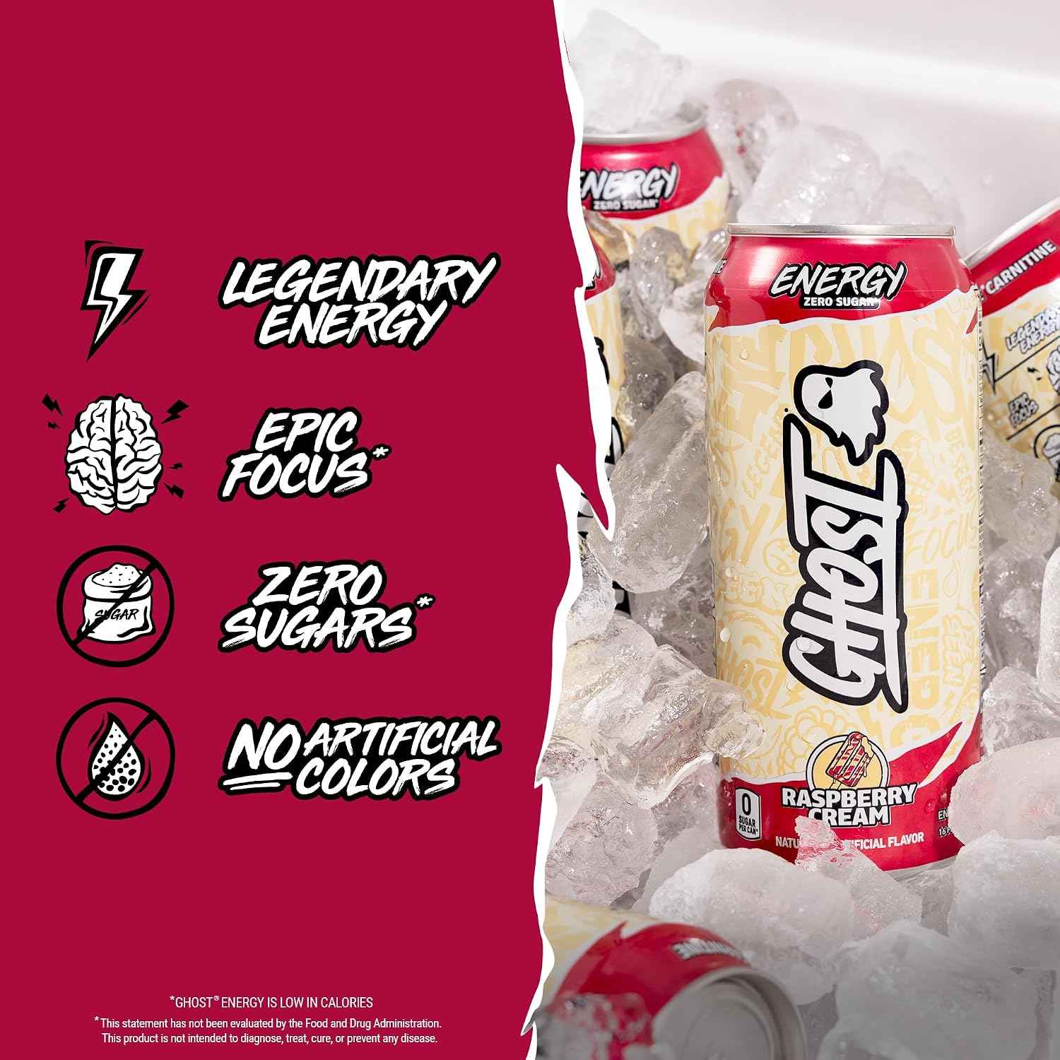 GHOST Energy Drink, Zero Sugars, 12-Pack, Raspberry Cream, 16oz