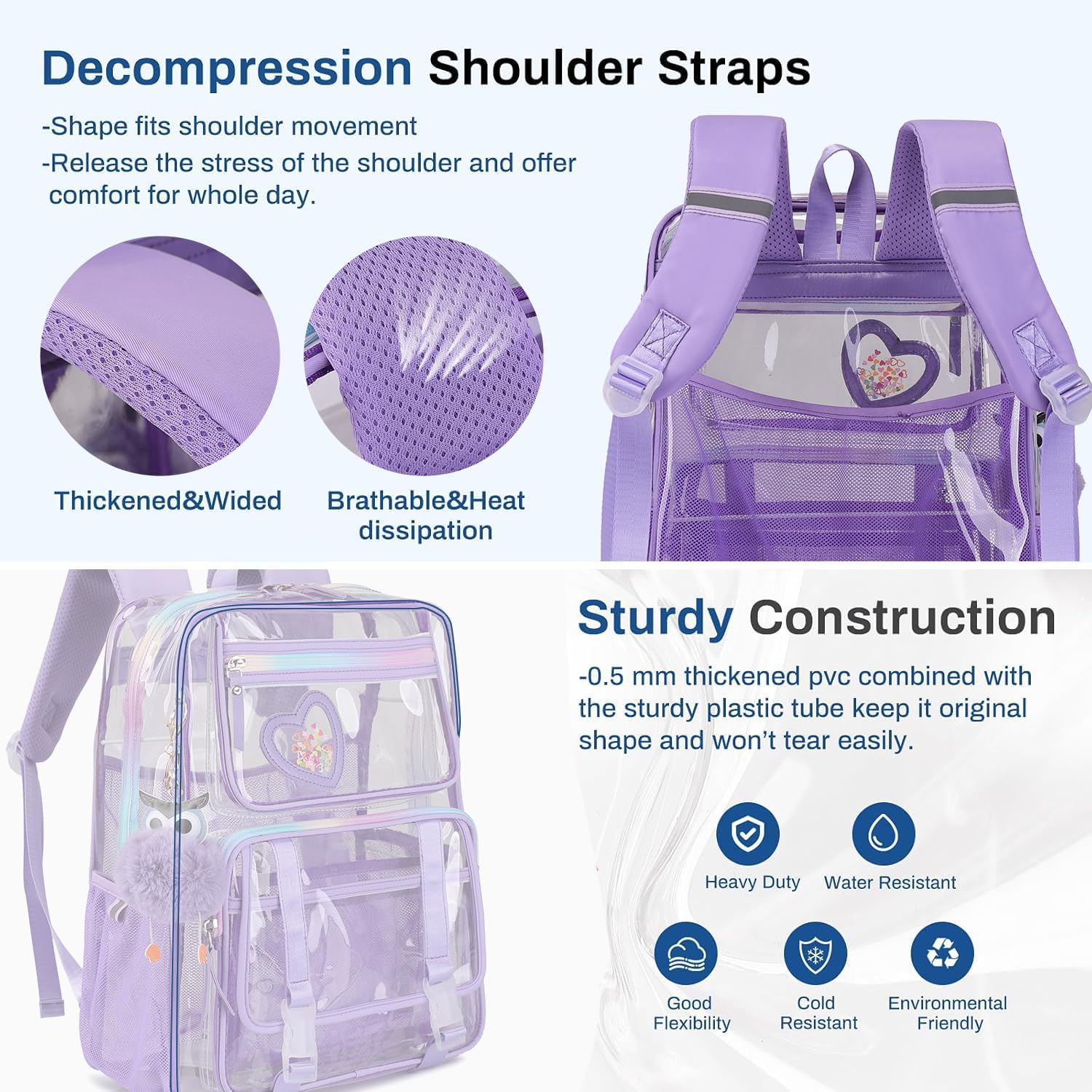 Clear Backpack for School Girls, Heavy Duty & Waterproof See-Through Bookbag with Pencil Case, Transparent Backpack for Work, Travel, Gym, College, Purple