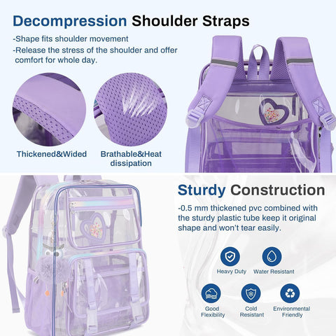 Clear Backpack for School Girls, Heavy Duty & Waterproof See-Through Bookbag with Pencil Case, Transparent Backpack for Work, Travel, Gym, College, Purple