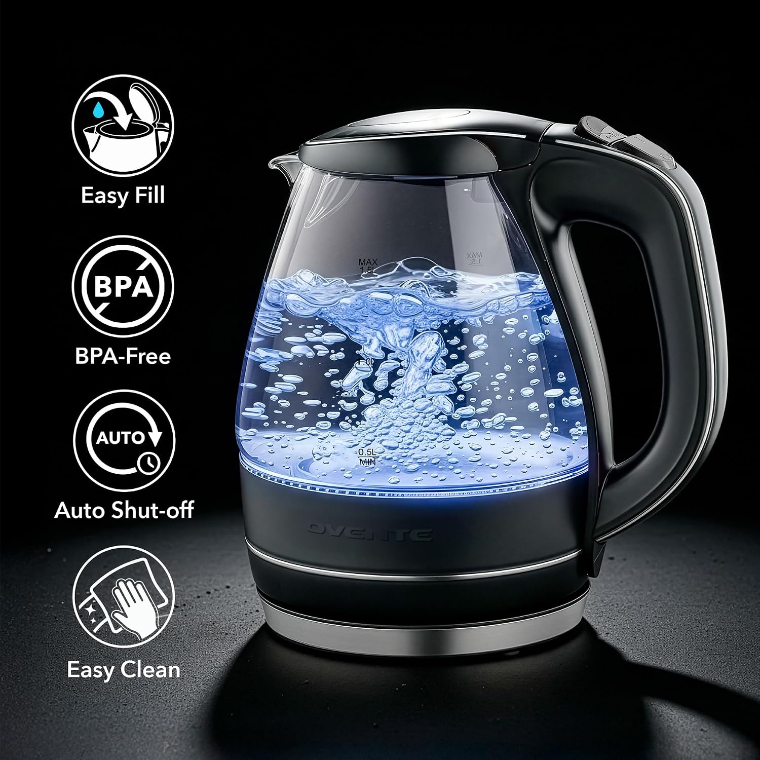 OVENTE 1.5L Glass Electric Kettle Water Boiler, Black KG83B