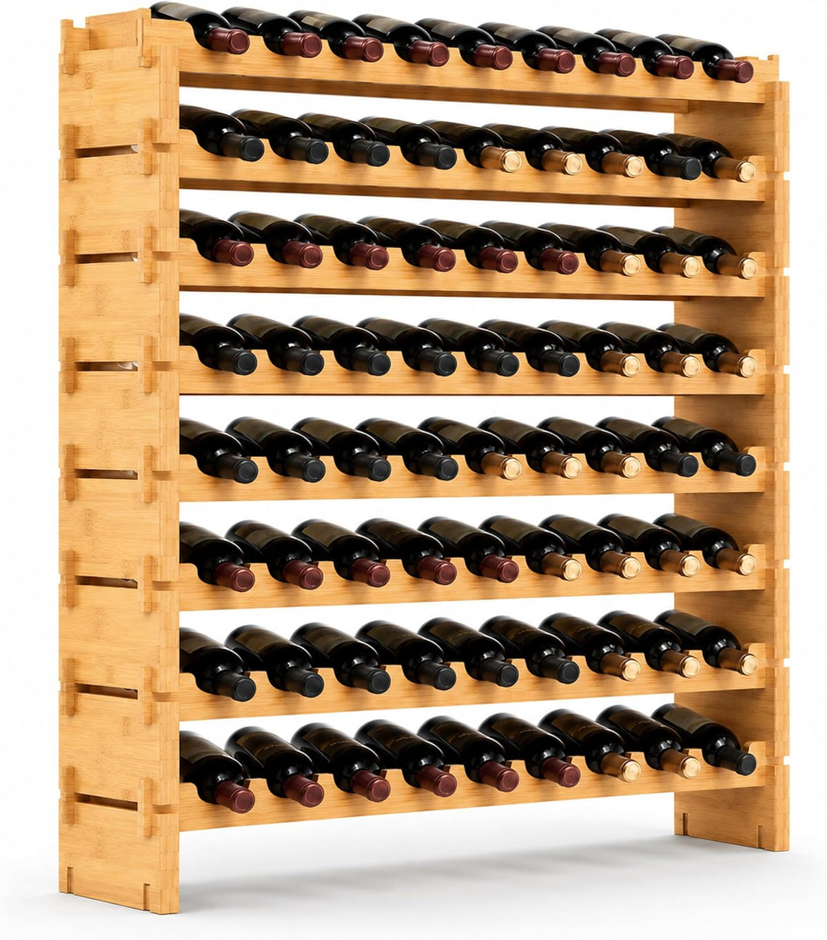 NutriChef 72 Bottle Wine Rack Stackable Bamboo Freestanding, 8-Tier Modular Shelf, Sturdy Wobble Free, Upgraded 2026 Design, Easy No-Tool Assembly for Kitchen, Cellar or Bar Storage 33.5" x 10" x 41"