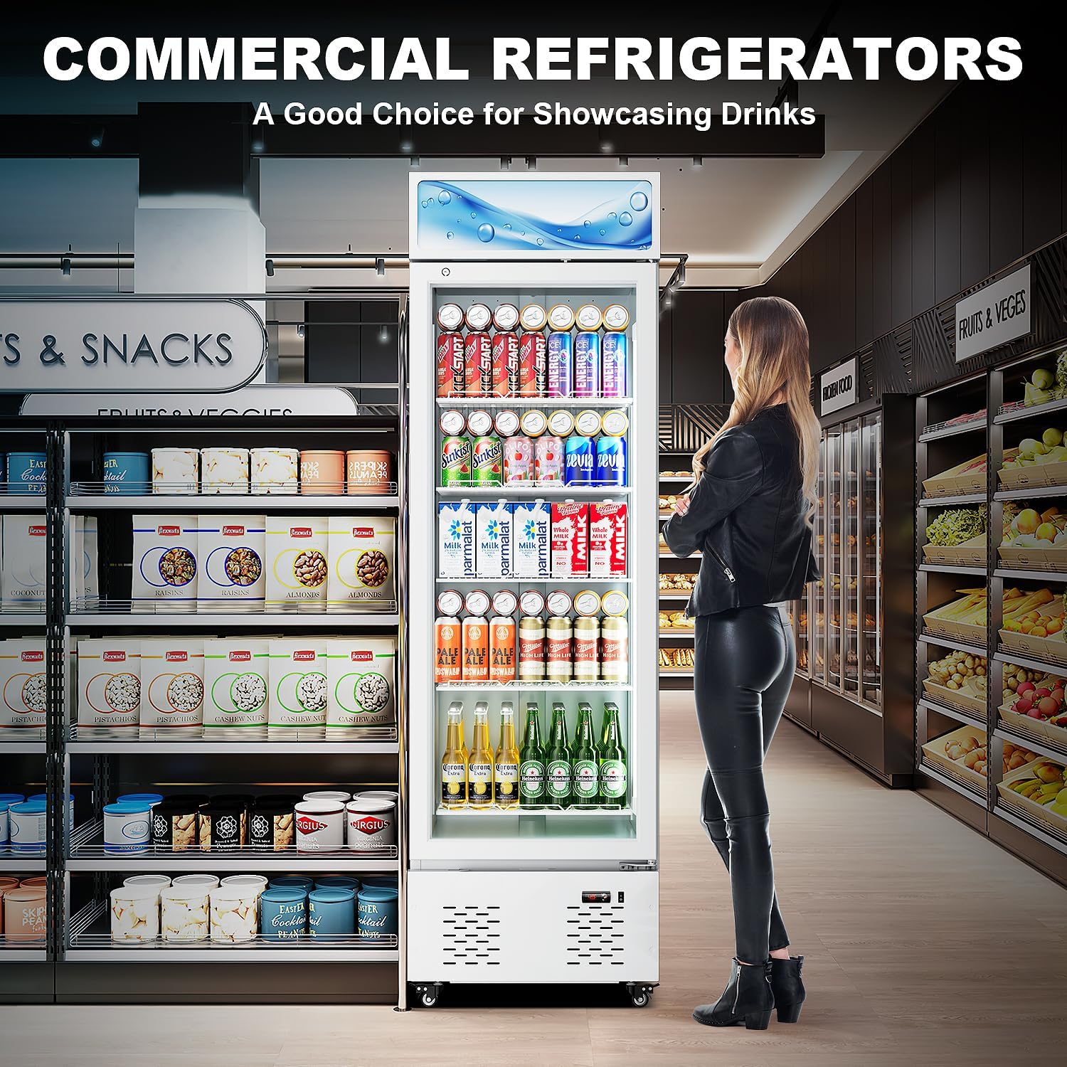 11 Cu.ft White Commercial Display Refrigerator Cooler,Glass Door Beverage Refrigerators with LED Light and 5 Shelves