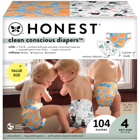 The Honest Company Clean Conscious Diapers | Plant-Based, Sustainable | Space Travel + Orange You Cute | Super Club Box, Size 4 (22-37 lbs), 104 Count