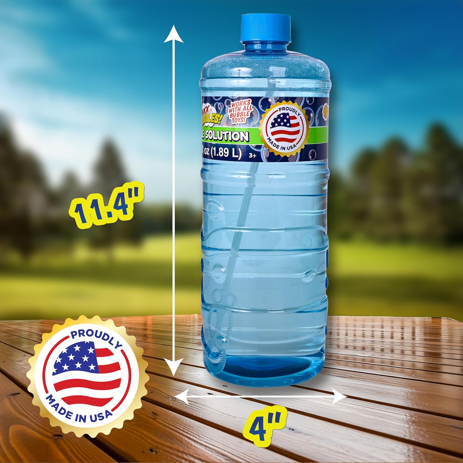 Made in USA Bubble Solution Refill with Wand 64oz Non Toxic Dye Free (1/2 Gallon), Kids Easy Grip Bottle Refill for Bubble Machine, Bubble Wands, Bubble Toys, Blue Bottle