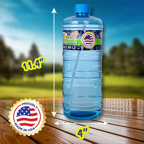 Made in USA Bubble Solution Refill with Wand 64oz Non Toxic Dye Free (1/2 Gallon), Kids Easy Grip Bottle Refill for Bubble Machine, Bubble Wands, Bubble Toys, Blue Bottle