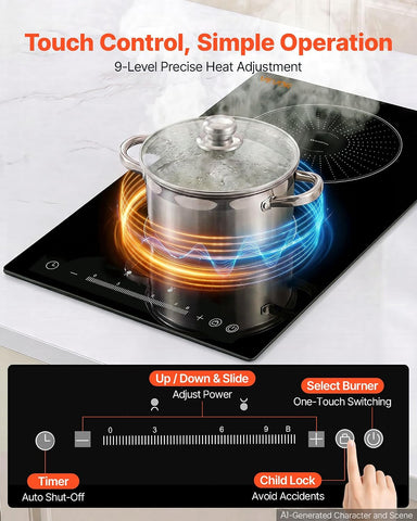 VEVOR Induction Cooktop 12In 2 Burners, Built-in&Countertop Electric Stove, LED Touch & Integrated Control, 9 Power Levels, Easy-Clean Ceramic Glass, Child Lock, 3500W 220V No Plug