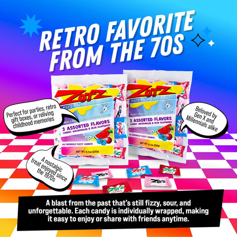 ZOTZ Fizzy Sour Candy Bulk - Retro Italian Hard Candy Individually Wrapped - Classic Nostalgic 3 Assorted Flavors Cherry, Watermelon & Blue Raspberry, 46 pieces Bag for Party Favors, Goodie Bags, Piñata & Candy Buffet