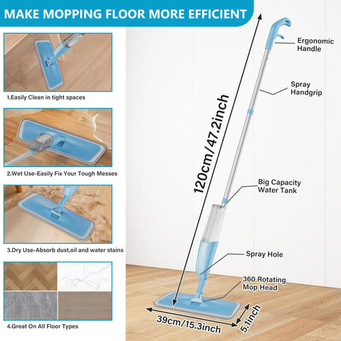 Spray Mops Wet Mops for Floor Cleaning - MEXERRIS Microfiber Dust Mop with 3X Washable Pads Floor Mop with Sprayer Wood Floor Mops Commercial Home Use for Wood Floor Hardwood Laminate Ceramic Tiles