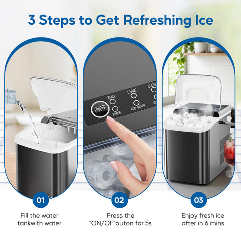 HealSmart Countertop Ice Maker Machine, Fast Making 9 Ice Cubes in 6 Minutes, Self-Cleaning with Scoop, Basket & Handle, 26.5lbs/24Hrs, 2 Sizes Bullet Ice, Portable for Kitchen, Office, Party, Black