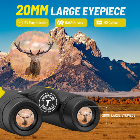 15x55 HD Binoculars for Adults High Powered,8° Wide Angle Binoculars,367/1000yds,BAK4 Prism FMC Lens,IPX7 Waterproof Binoculars for Bird Watching Hiking Travel Sports with Phone Adapter(Yellow)