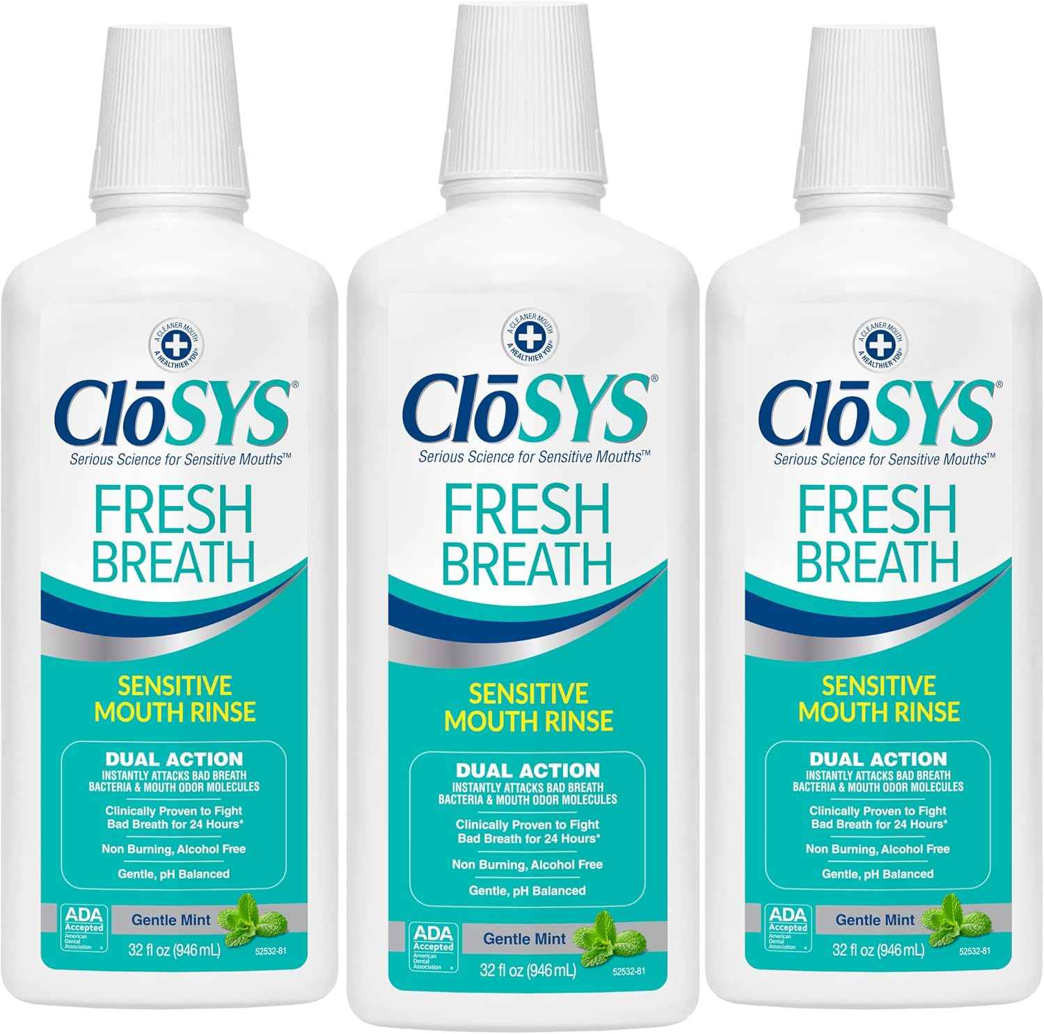 CloSYS Mouthwash, 32 Ounce, Fresh Breath Mouthwash, 3 Pack, Gentle Mint