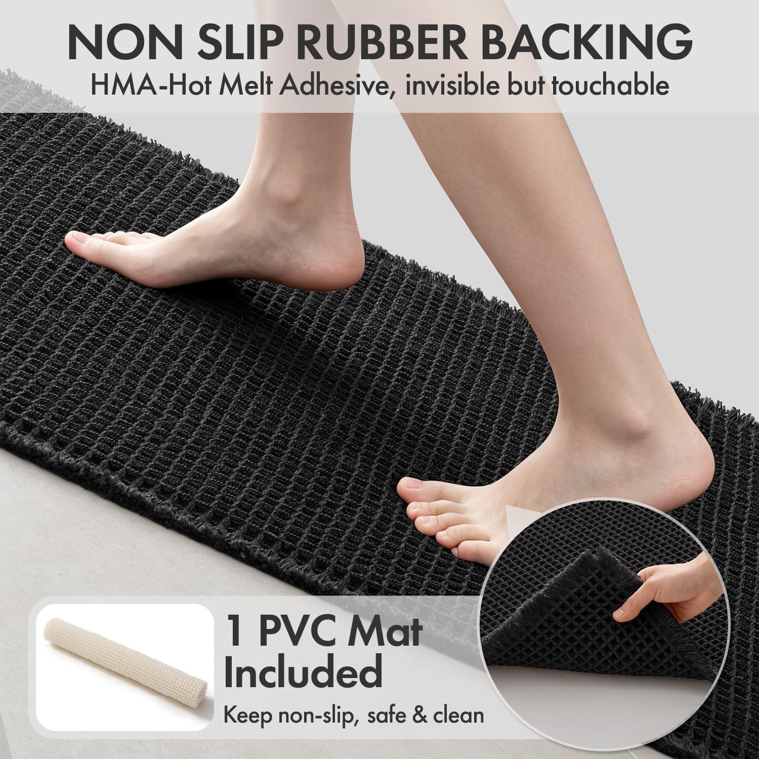 MIULEE Waffle Bathroom Runner Rugs Boho Large Bath Mat 2'x5'(24"x60") Black