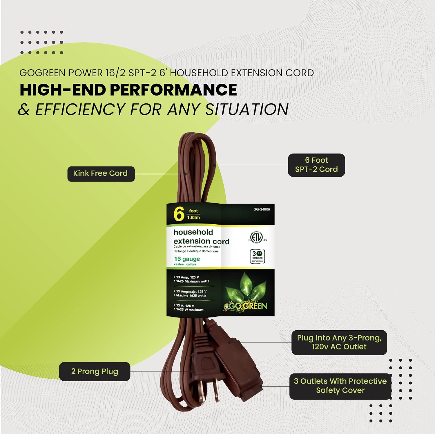 Go Green Power Inc. 16/2 6ft Household Extension Cord with 3 Outlets, Brown - Discreet, Kink-Free, Child Safety Covers for extra protection - Perfect for Daily Use - GG-24806