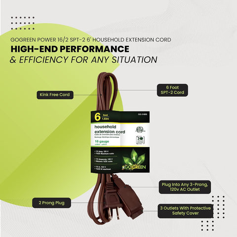 Go Green Power Inc. 16/2 6ft Household Extension Cord with 3 Outlets, Brown - Discreet, Kink-Free, Child Safety Covers for extra protection - Perfect for Daily Use - GG-24806