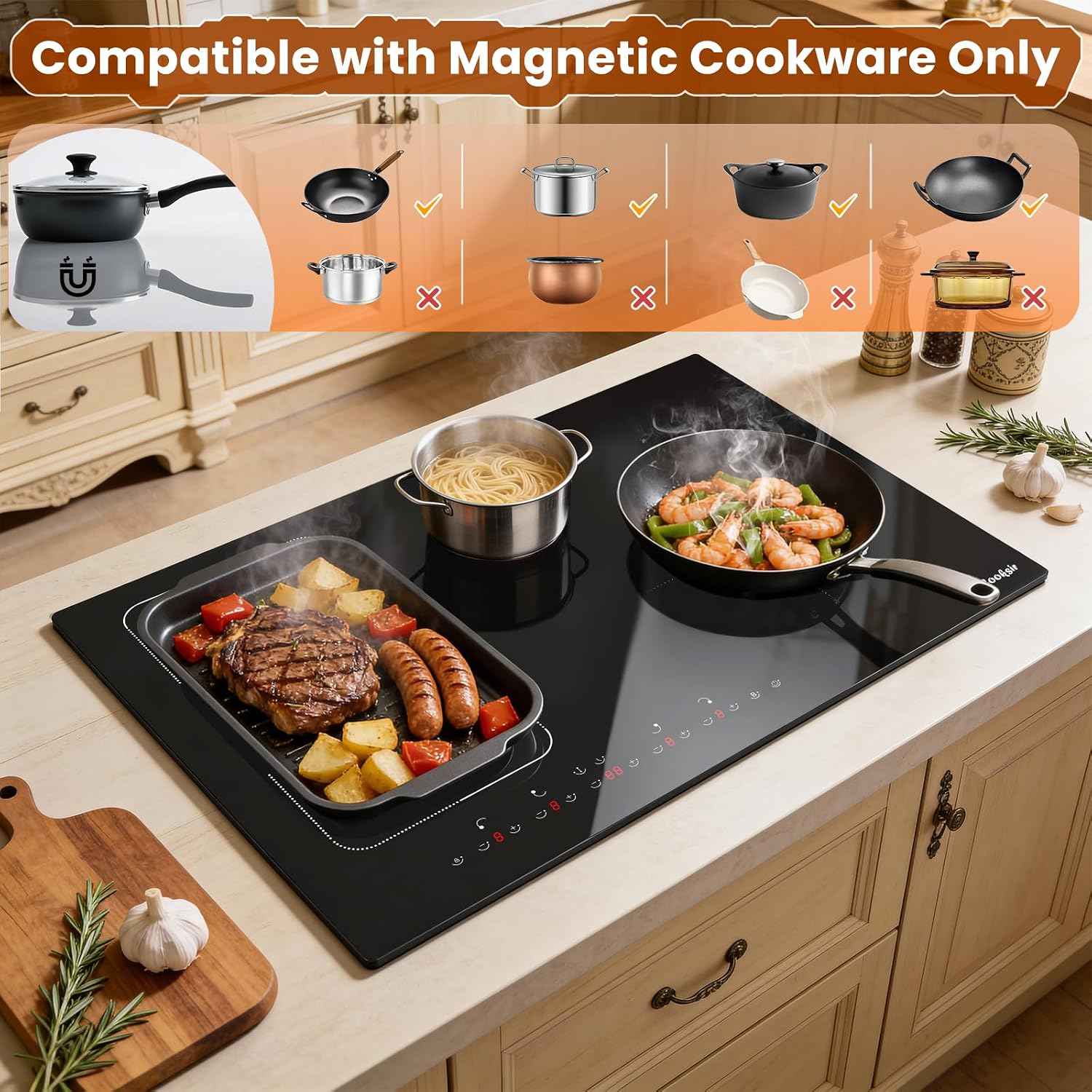 Induction Cooktop 30 Inch with Iron Pot 7200W, 220V Hard Wired