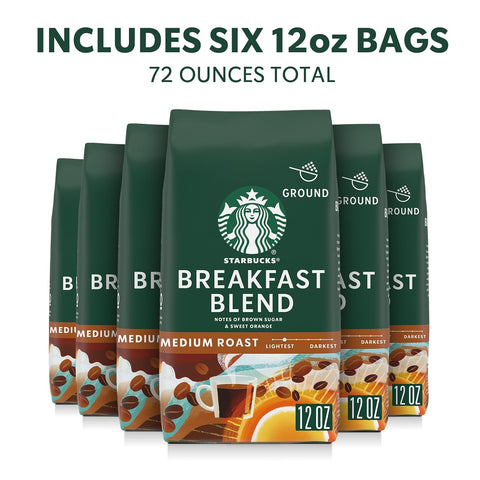 Starbucks Ground Coffee, Medium Roast Hot or Iced Coffee, Breakfast Blend, Six 12 oz Bags​ | 100% Arabica ground coffee; Medium Roast Breakfast Blend; 6 bags, 12 oz each (72 oz total)
