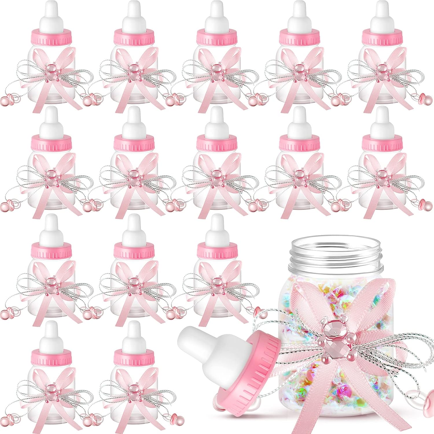 Nuenen 48 Pcs Baby Shower Milk Bottles with Ribbon Plastic Bear Candy Bottles Baby Shower Favors Gender Reveal Wedding Birthday Party Decorations(Pink)