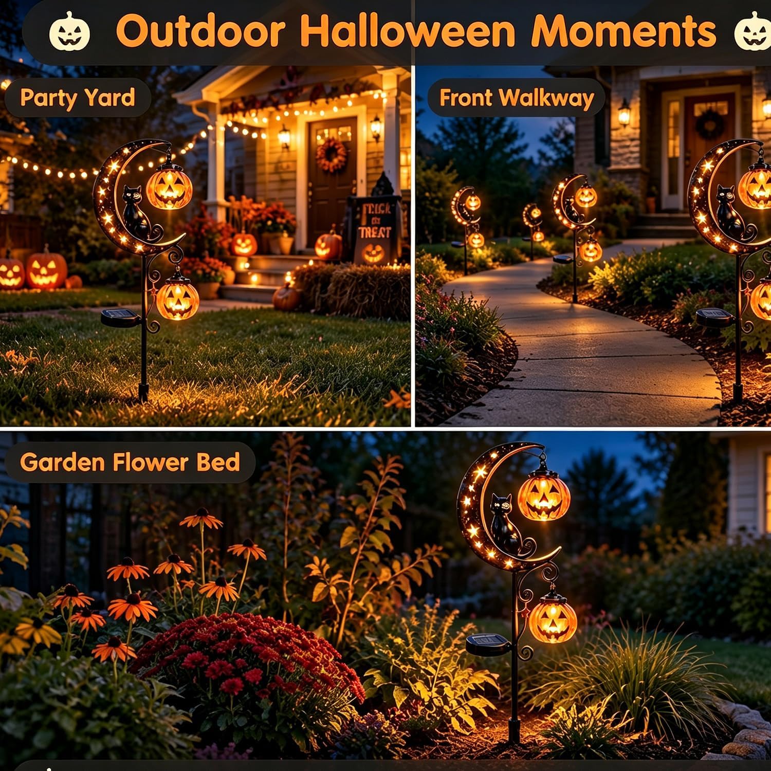 Solar Halloween Black Cat & Pumpkin Moon Garden Stake Light, Outdoor Waterproof LED Yard Decoration with Crescent Moon (Single Light A)