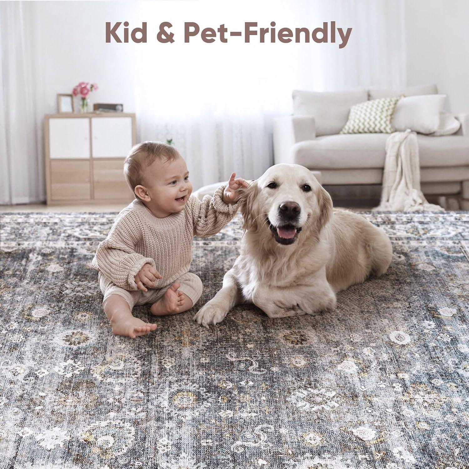 Rugcomf Large Living Room Rug 8x10 Washable Non Slip Vintage, Grey