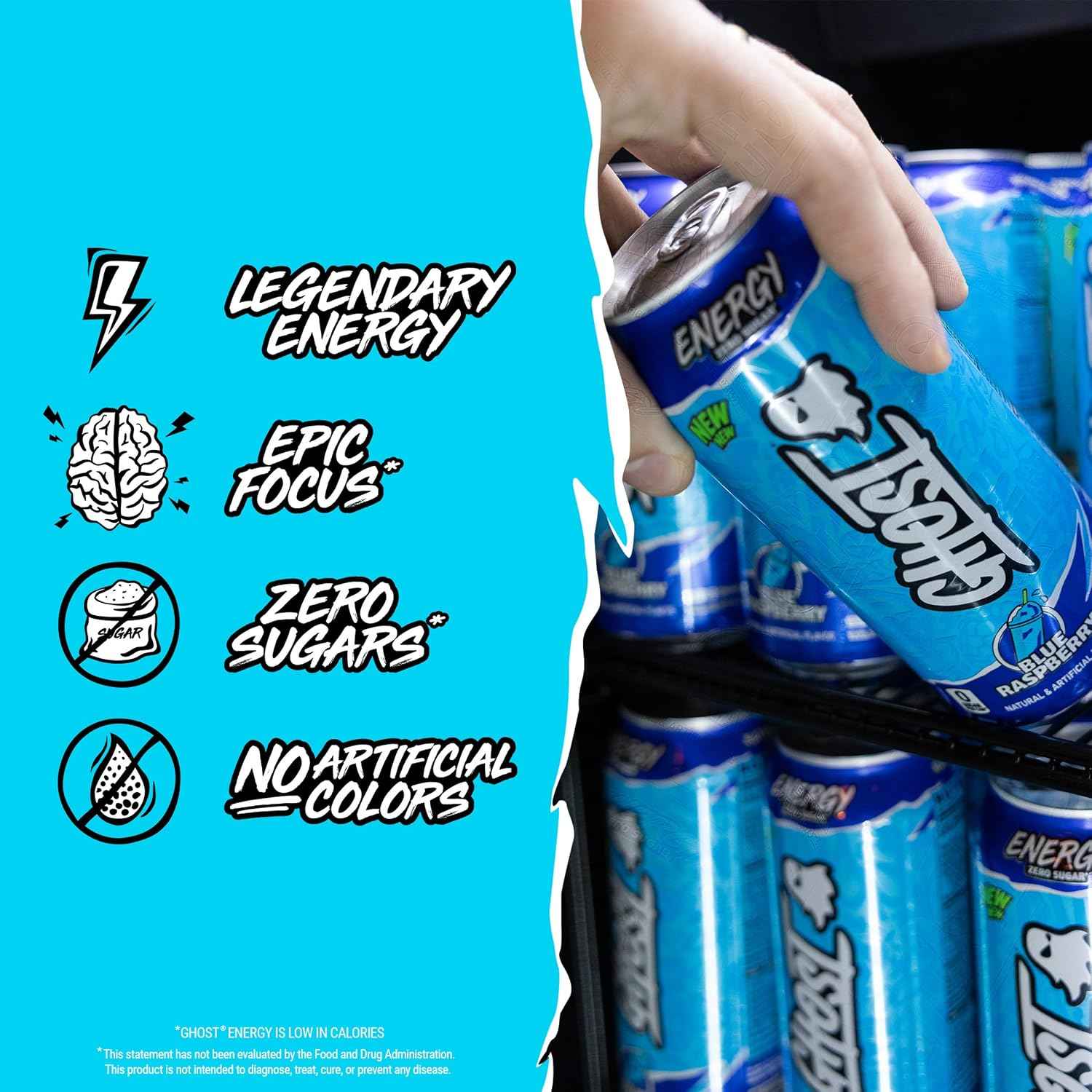 GHOST Energy Drink, Zero Sugars, 12-Pack, Blue Raspberry, 16oz