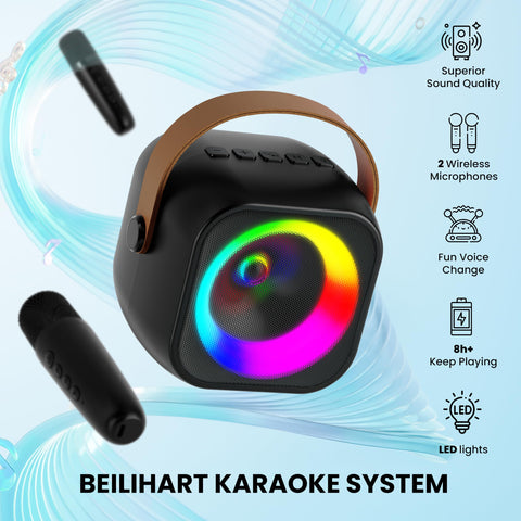 Mini Karaoke Machine, Portable Bluetooth Karaoke Speaker with 2 Wireless Microphones and Party Lights for Kids and Adults, Birthday Gifts for Girls Boys Family Home Party