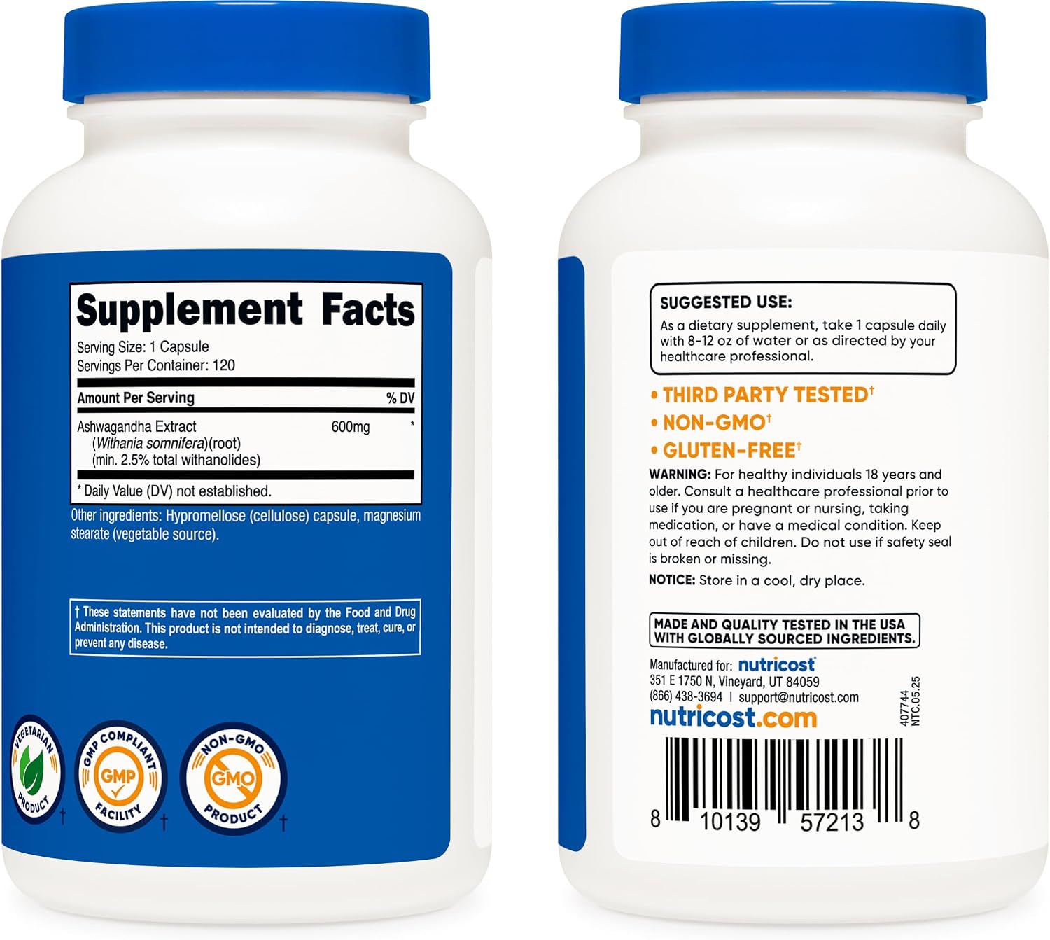 Nutricost Ashwagandha Herbal Supplement 600mg, 120 Capsules, Gluten-Free